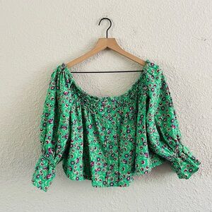 Free People Bright Green Floral Off-Shoulder Blouse